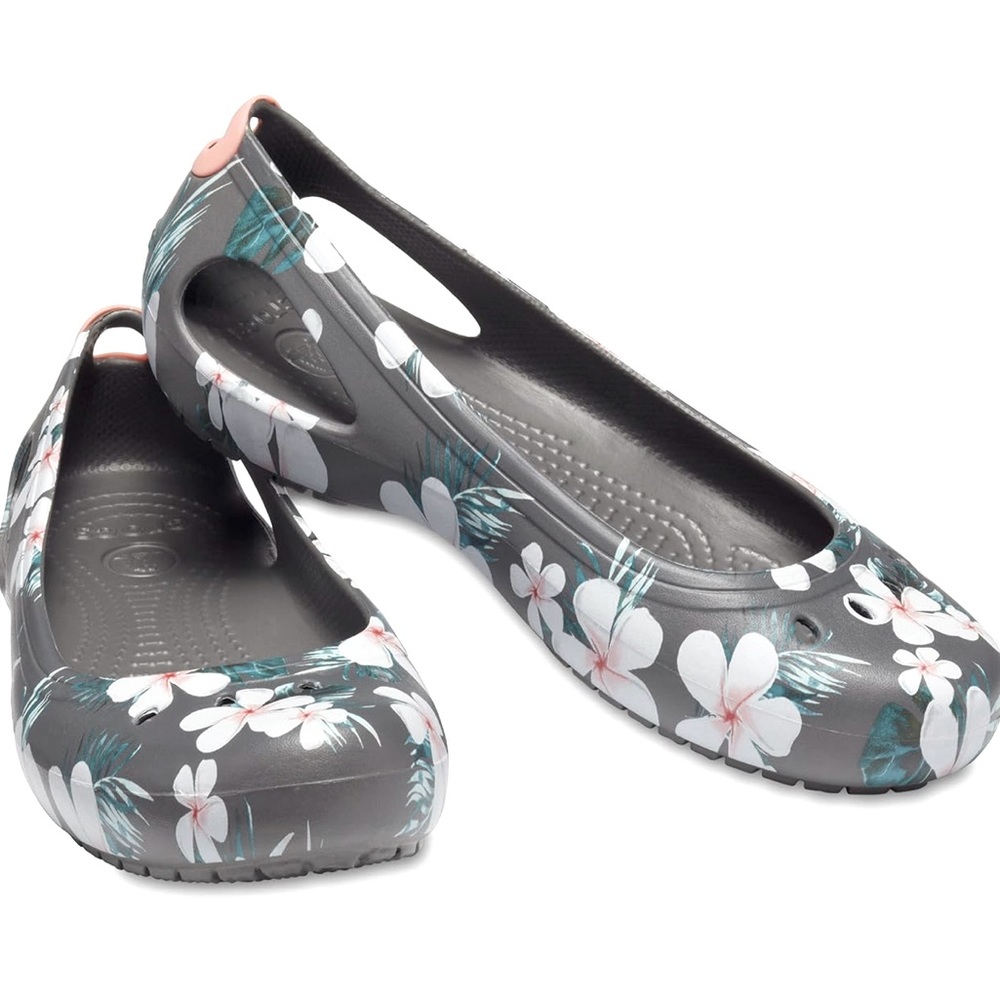 CROCS Women's Kadee Seasonal Graphic Ballet Flats | Grey White Pink | Size 8
